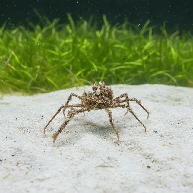 Spider crab Camposcia retusa M with long legs on marine rockwork in a saltwater aquarium