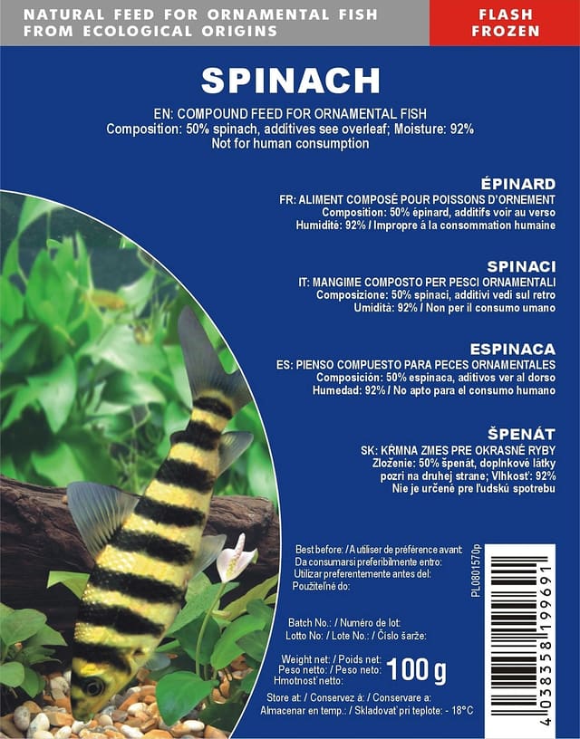 Spinach frozen blister fish food 6 x 100g pack
