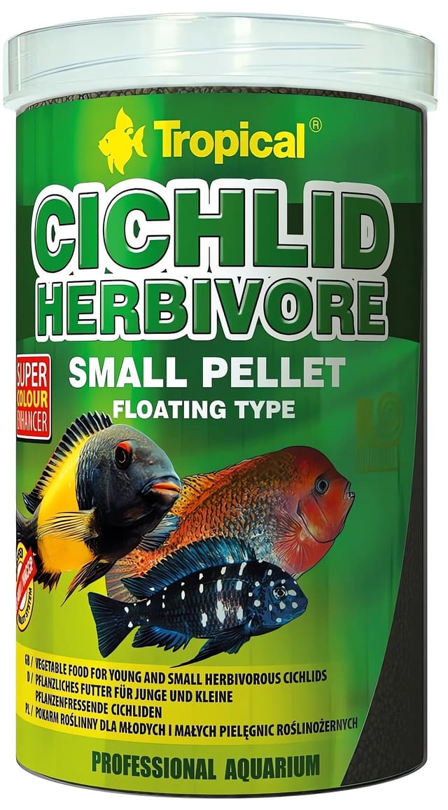 Tropical Cichlid Herbivore Small Pellet spirulina floating cichlid food tub