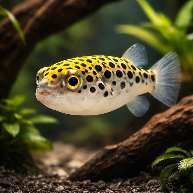 Green Spotted Pufferfish (Dichotomyctere nigroviridis) in a specialist brackish aquarium