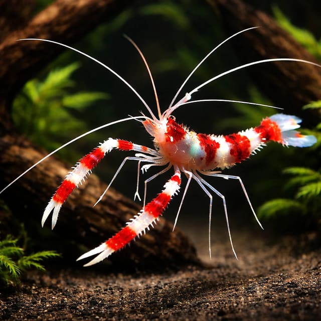 Coral Banded Shrimp Stenopus hispidus with bold red and white bands and long white antennae
