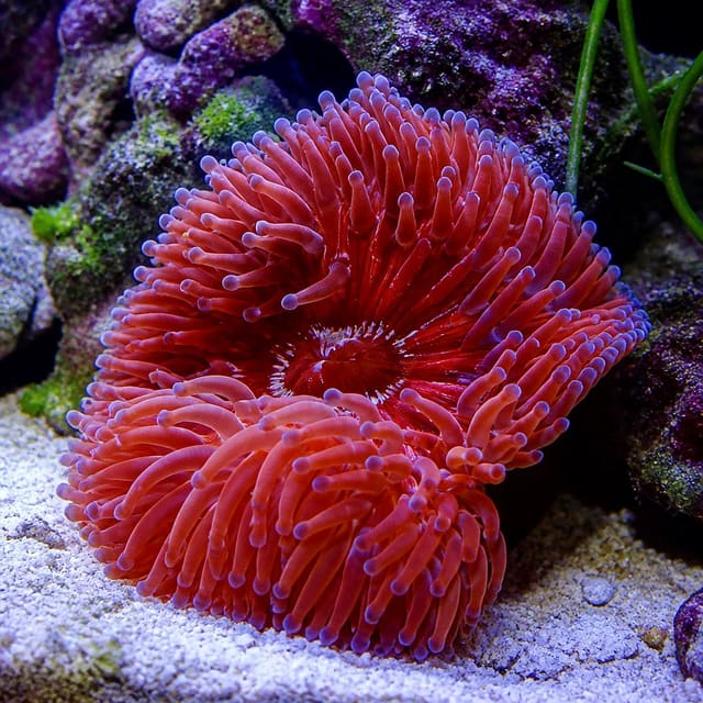 Red Giant Carpet Anemone Stichodactyla gigantea red colour form in a mature reef aquarium