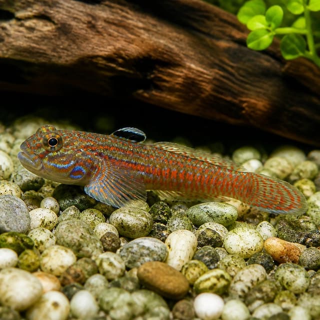 Red Neon Sumatra Goby (Stiphodon sp.) grazing on aquarium rock — representative image
