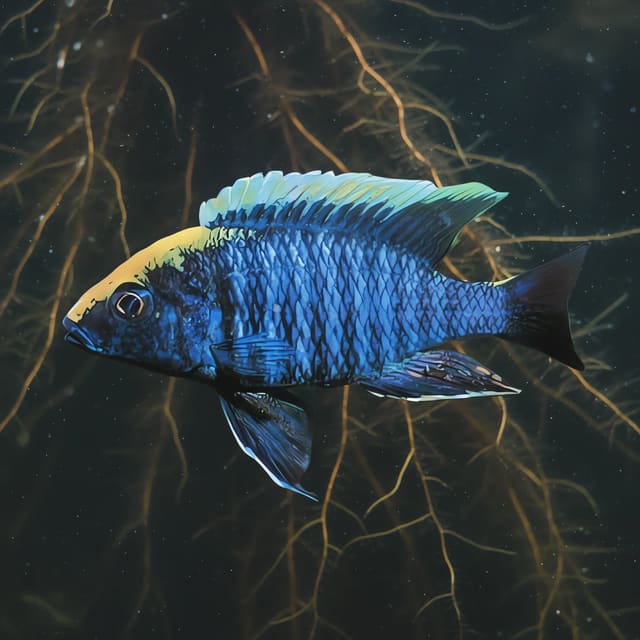Sulphurhead Peacock Aulonocara maylandi source photo showing blue male body and yellow head blaze