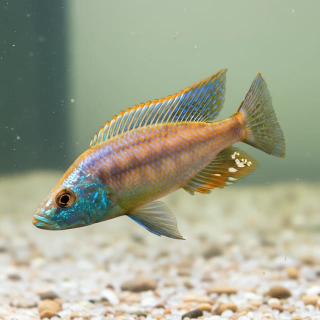 Sunset Cichlid (Dimidiochromis strigatus) in a planted aquarium — representative image