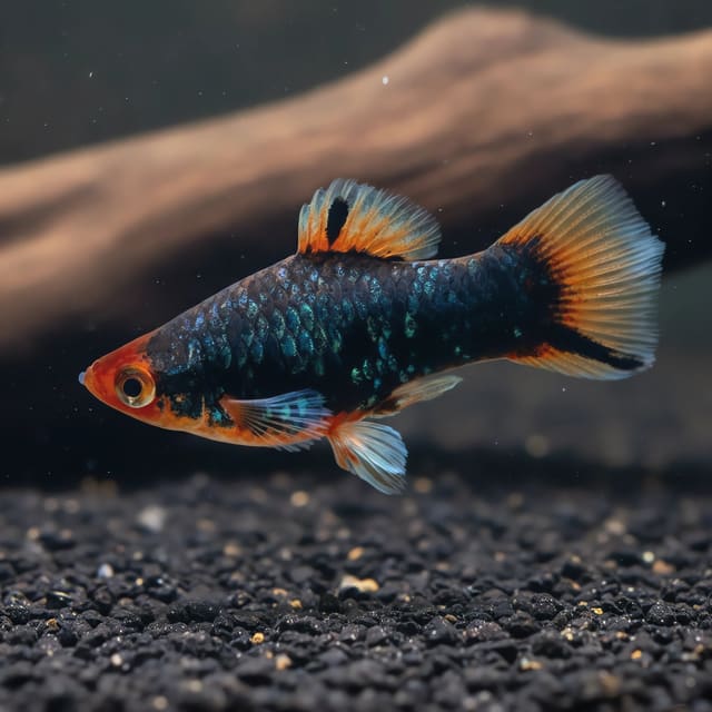 Sunset Comet Platy (Xiphophorus maculatus) in a planted aquarium, representative illustration