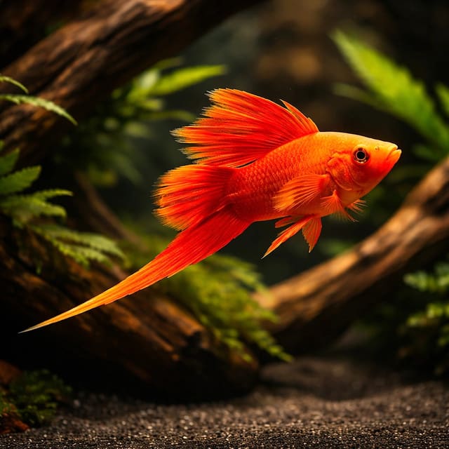 Assorted Swordtail male in planted aquarium with extended sword tail