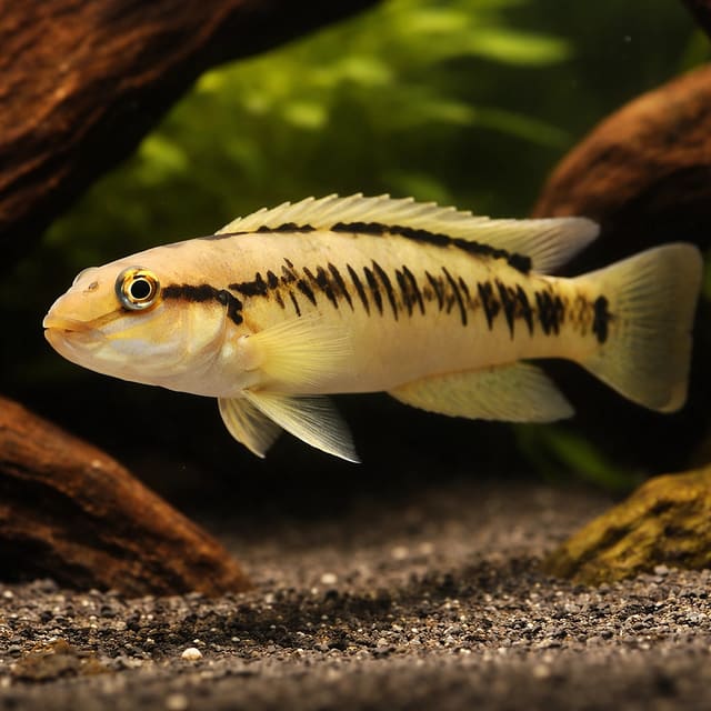Telmatochromis vittatus with a broken dark stripe along a pale golden body, beside driftwood over dark gravel