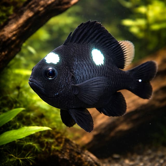 Threespot Dascyllus marine damsel fish Dascyllus trimaculatus 3-4 cm with dark body and white spots