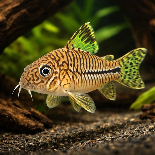 Three-Stripe Cory (Hoplisoma trilineatum) false Julii cory on soft sand