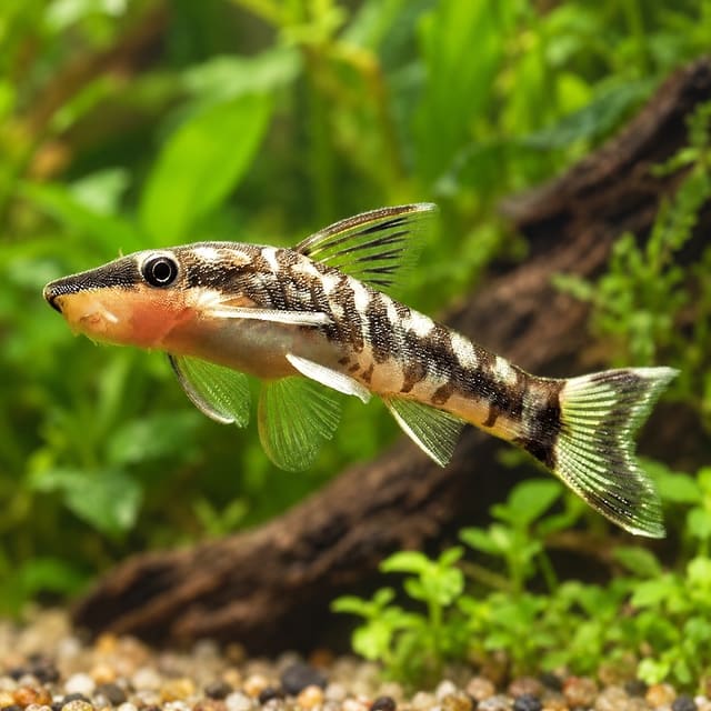 Tiger Otocinclus, a small catfish with dark bars on a cream body and a dark snout stripe, in a planted aquarium
