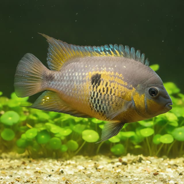 Topaz Cichlid Amatitlania myrnae side view in a rocky aquarium