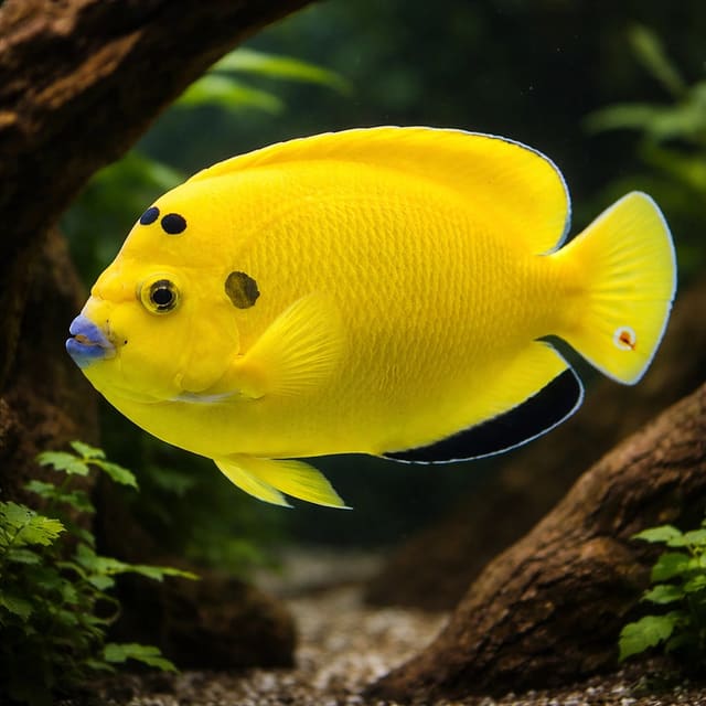 Treespot Angelfish Apolemichthys trimaculatus medium marine fish with pale body and dark facial spots