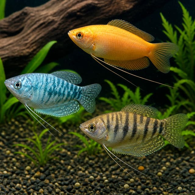 Mixed Trichogaster gourami in gold, Cosby and Sumatra forms, 4-5 cm freshwater live fish