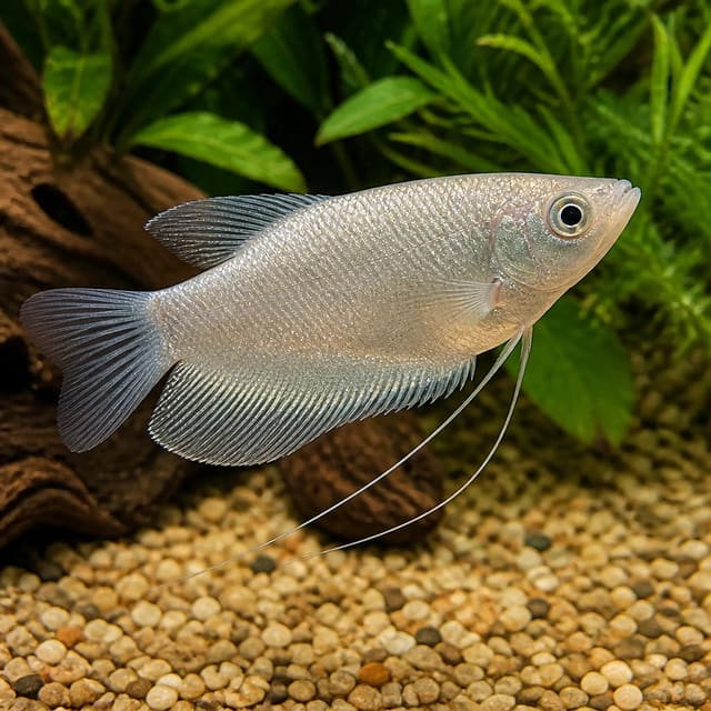 Trichogaster trichopterus silver pair in a planted aquarium