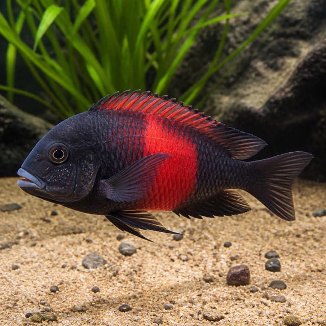 Representative digital illustration of Red Bishop Tropheus (Tropheus sp. 'black' Caramba) in a rocky aquarium