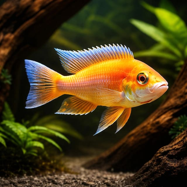 Albino Eureka Peacock Cichlid (Aulonocara), ~15cm in a planted aquarium