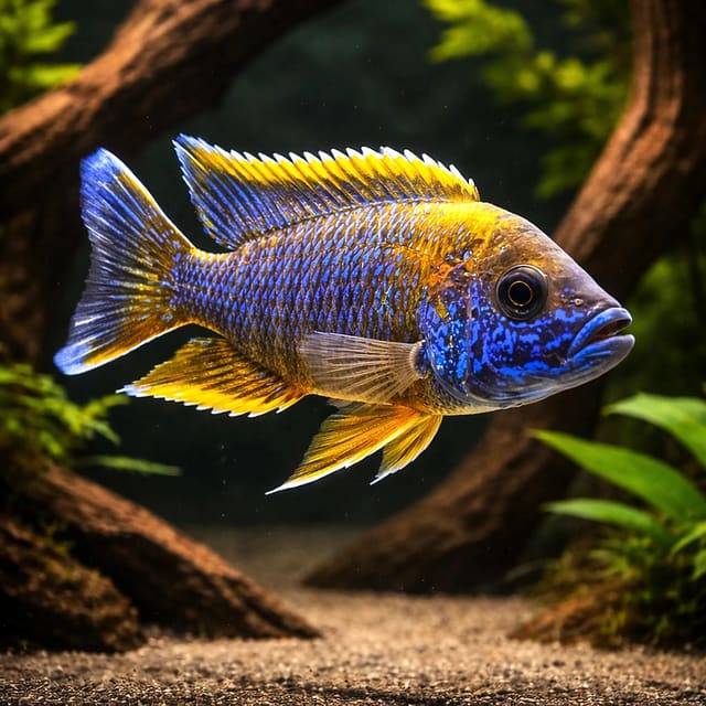 Lwanda Peacock Cichlid (Aulonocara sp. Lwanda) - brilliantly coloured Peacock from Lake Malawi
