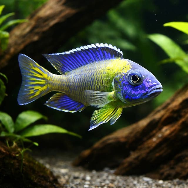 Illustrative adult male Steveni Blue Neon Peacock Cichlid; colour, sex and locality can vary