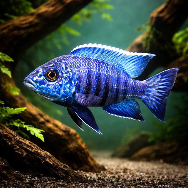 Representative AI-enhanced Flavescent Peacock Cichlid over sand and driftwood; not the exact fish supplied