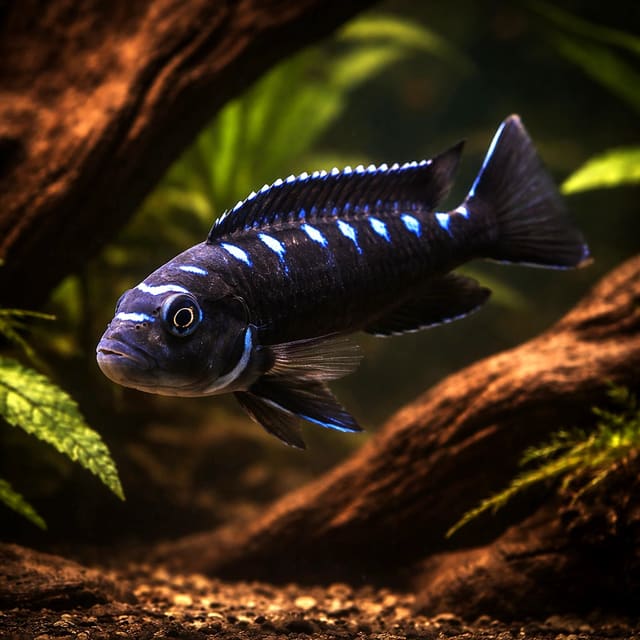 Representative Neon Spot mbuna in a rocky planted aquarium