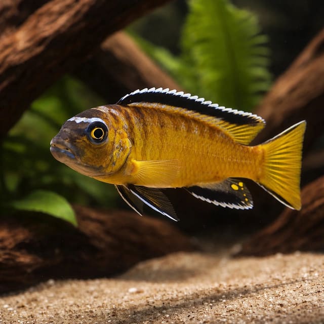 Representative illustration of a yellow-and-dark Yellow Elongatus-type Lake Malawi mbuna