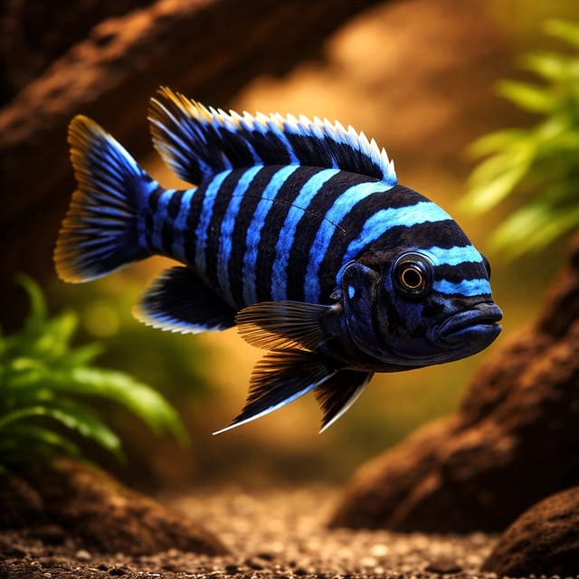 Afra Chimate Cichlid displaying blue barred colour near rockwork (Cynotilapia afra) — representative image