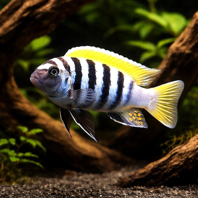 representative of a male-form Jalo Reef Afra (Cynotilapia zebroides); not the exact fish supplied