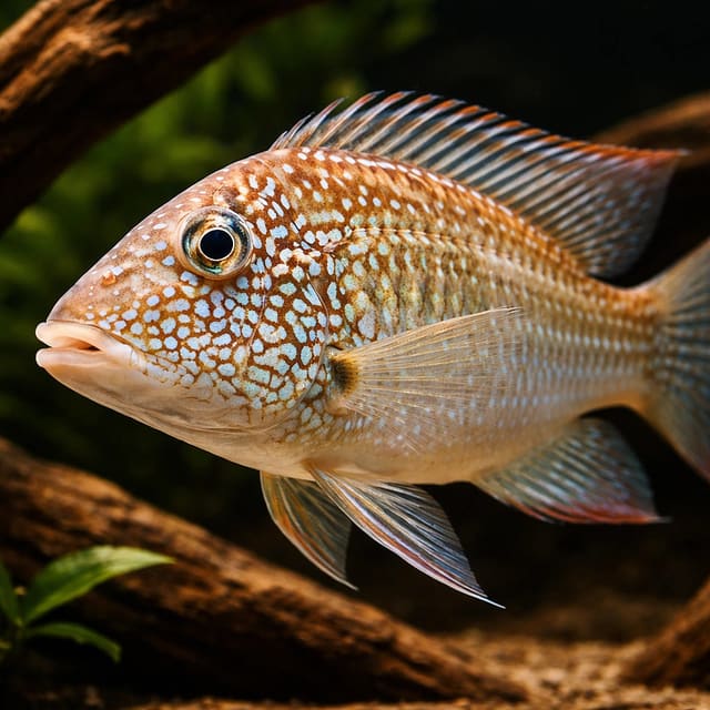 Threespot Eartheater (Satanoperca daemon) in a sand-bottom South American aquarium