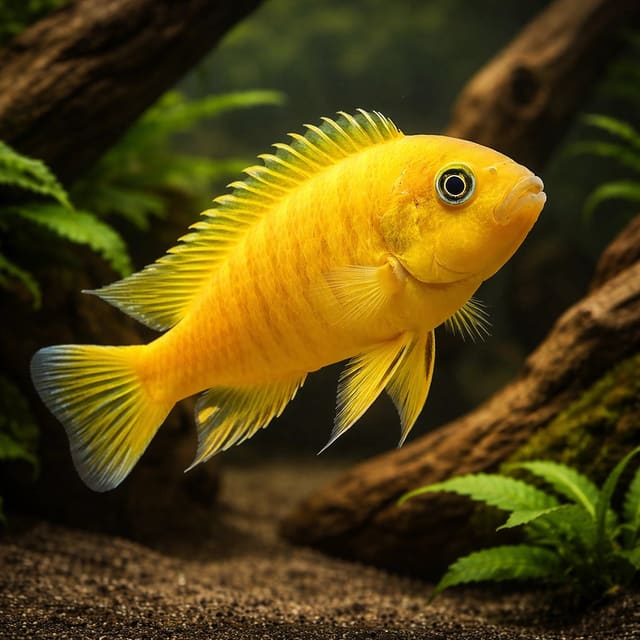 Yellow Daktari Mbuna (Maylandia sp. 'daktari') in a representative aquarium scene