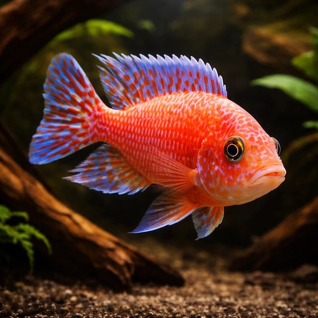 Aulonocara sp. firefish in a planted aquarium