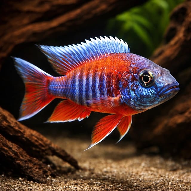 Freiberg's Peacock Cichlid (Aulonocara jacobfreibergi) male in Malawi rockwork aquarium — representative image