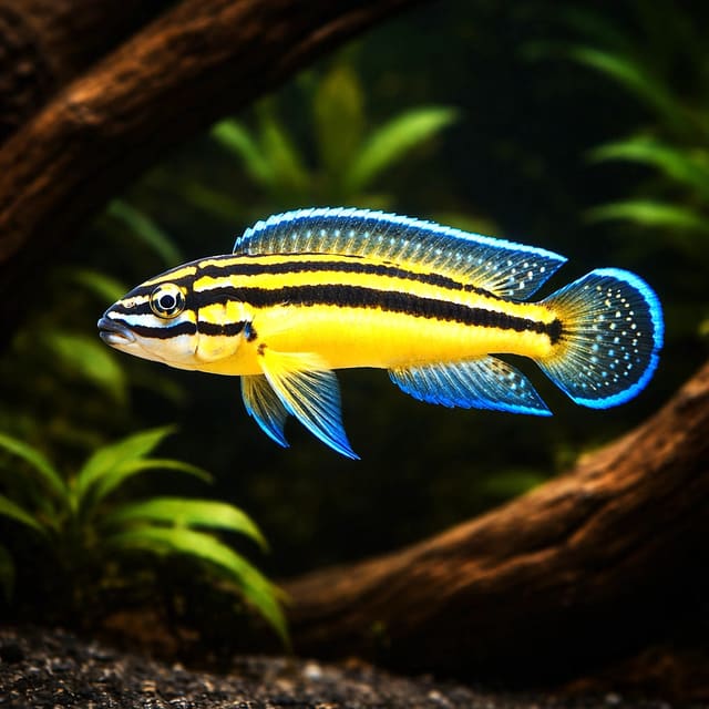 representative illustration of a Striped Julie Kipili (Julidochromis marksmithi) above driftwood