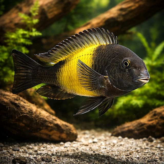 Representative image of a Kiriza Tropheus with a black body and broad yellow band in an aquarium