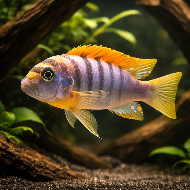 Red Top Hongi Cichlid with blue barred body and orange-red dorsal colour