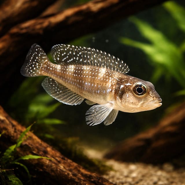 Pearl-spotted Meleagris Shell-Dweller (Neolamprologus stappersi) over fine aquarium sand