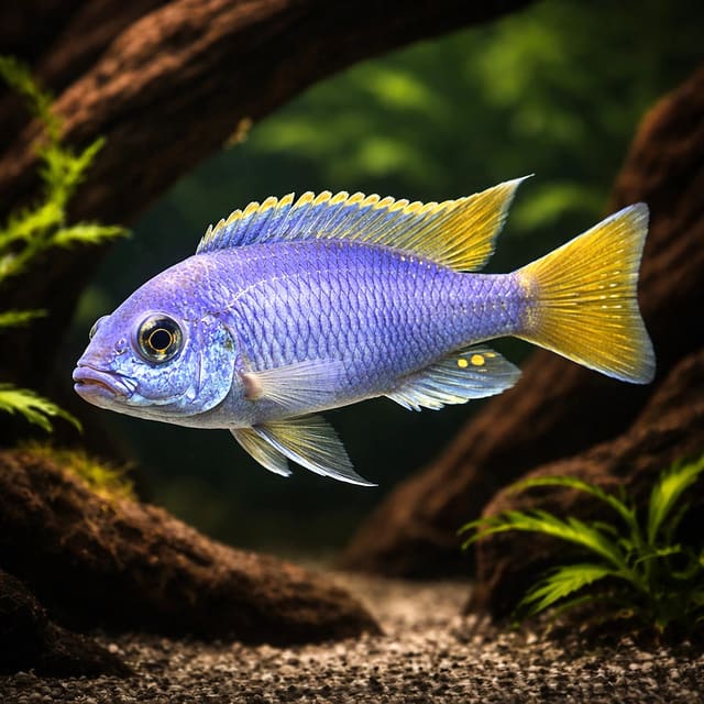 Representative Yellow-Tail Acei Luwala illustration showing a blue-purple Mbuna with yellow fins