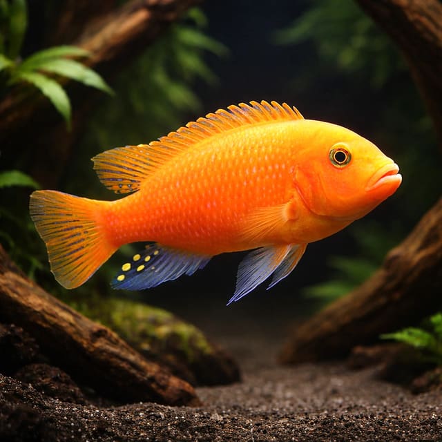 Pseudotropheus Zebra South (Pseudotropheus zebra red + red) in a planted aquarium