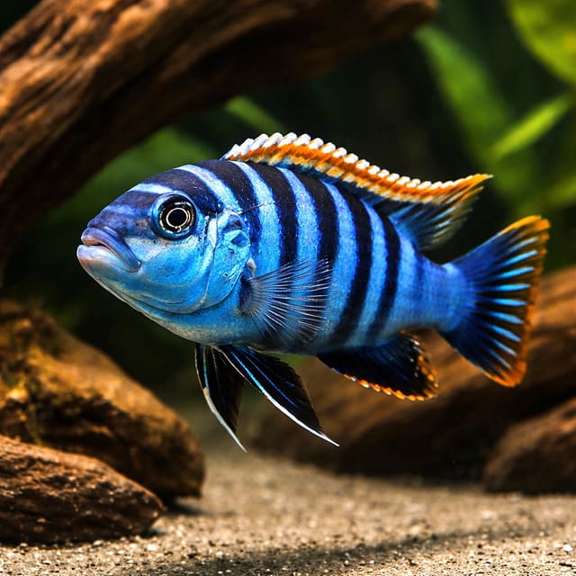 Representative Red Dorsal dogtooth-type cichlid in a rocky aquarium