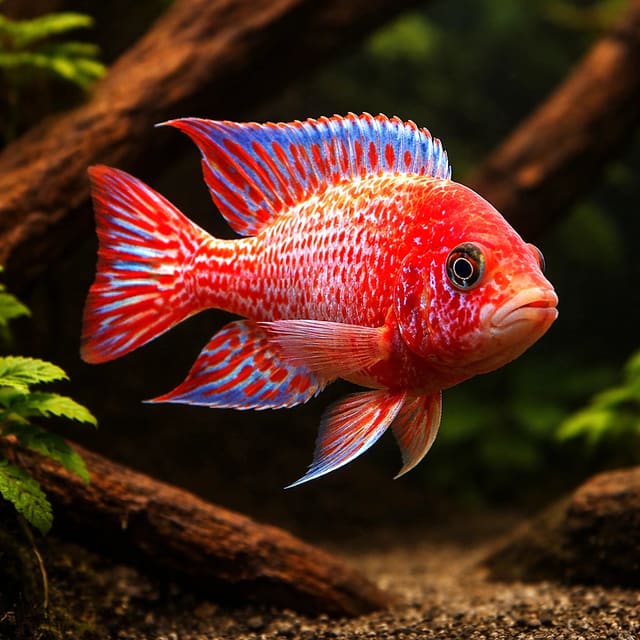 Representative Red Dragon Peacock Cichlid (Aulonocara hybrid) aquarium illustration