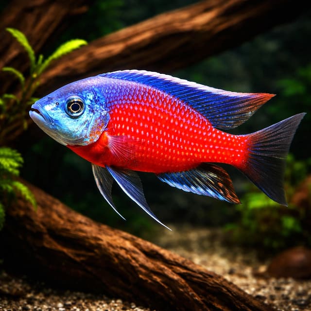 Illustration of a red and blue Red Fin Kadango-type cichlid