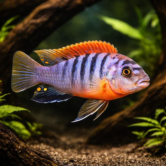 Red Top Hongi Cichlid (Labidochromis sp. 'hongi') in a rocky aquarium - representative illustration