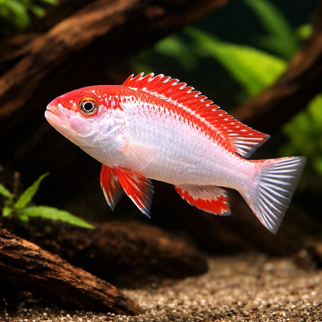 Illustrative Red Top Ndumbi cichlid in an aquarium display — representative image