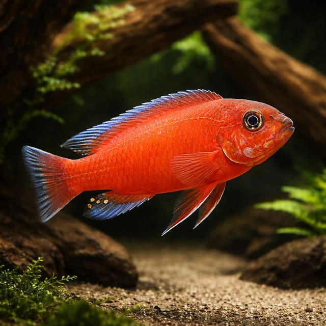 Red-Top Cichlid, Trewavas' (Labeotropheus trewavasae red) in a planted aquarium