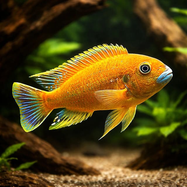 Illustrative orange mbuna cichlid in a rocky aquarium; not the exact William's Mbuna supplied