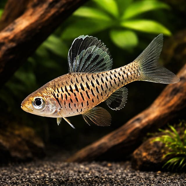 Indian High Fin Barb (Oreichthys cosuatis) in a planted aquarium