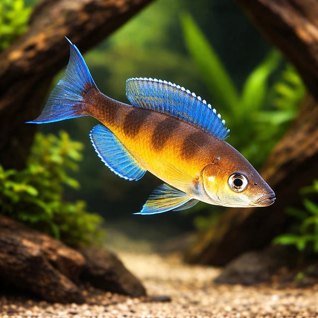 Representative digital illustration of a banded male Zonatus Cichlid (Cyprichromis zonatus) in an aquarium