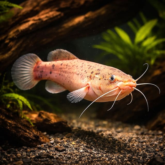 African Electric Catfish beside aquarium driftwood — representative image