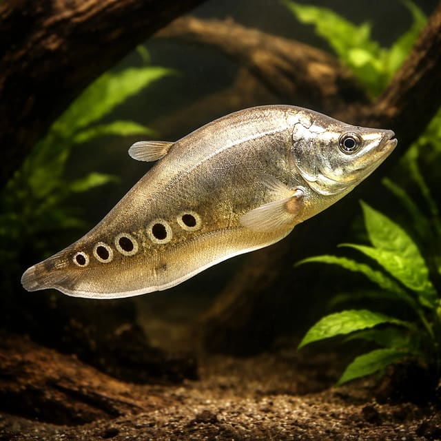 Clown Knifefish (Notopterus chitala) in large dim freshwater aquarium — representative image