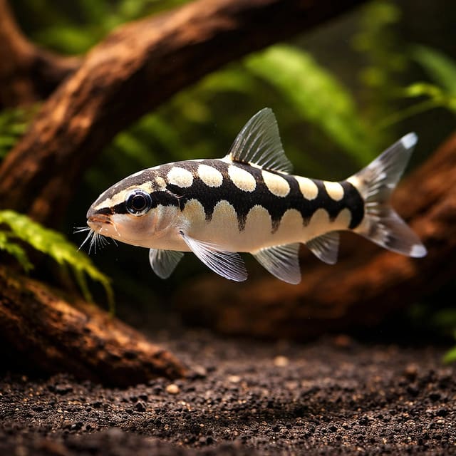 Dwarf Chain Loach (Ambastaia sidthimunki) showing chain markings in a planted aquarium
